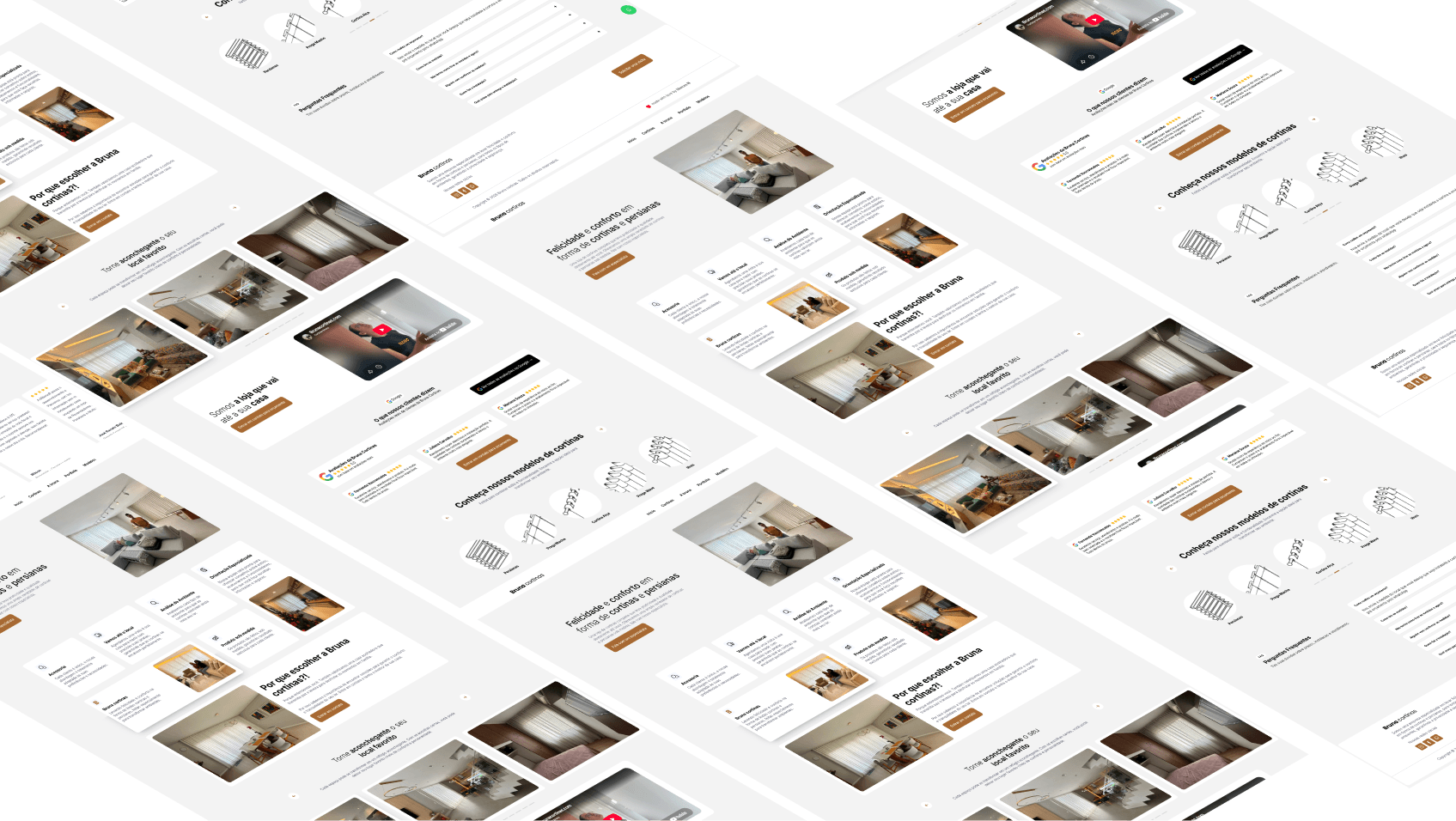 Visão geral do layout e das seções do website Bruna Cortinas